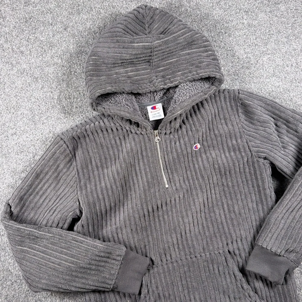Champion Corduroy Hoodie Quarter Zip Boys Size L 14/16 Grey Sherpa Lined